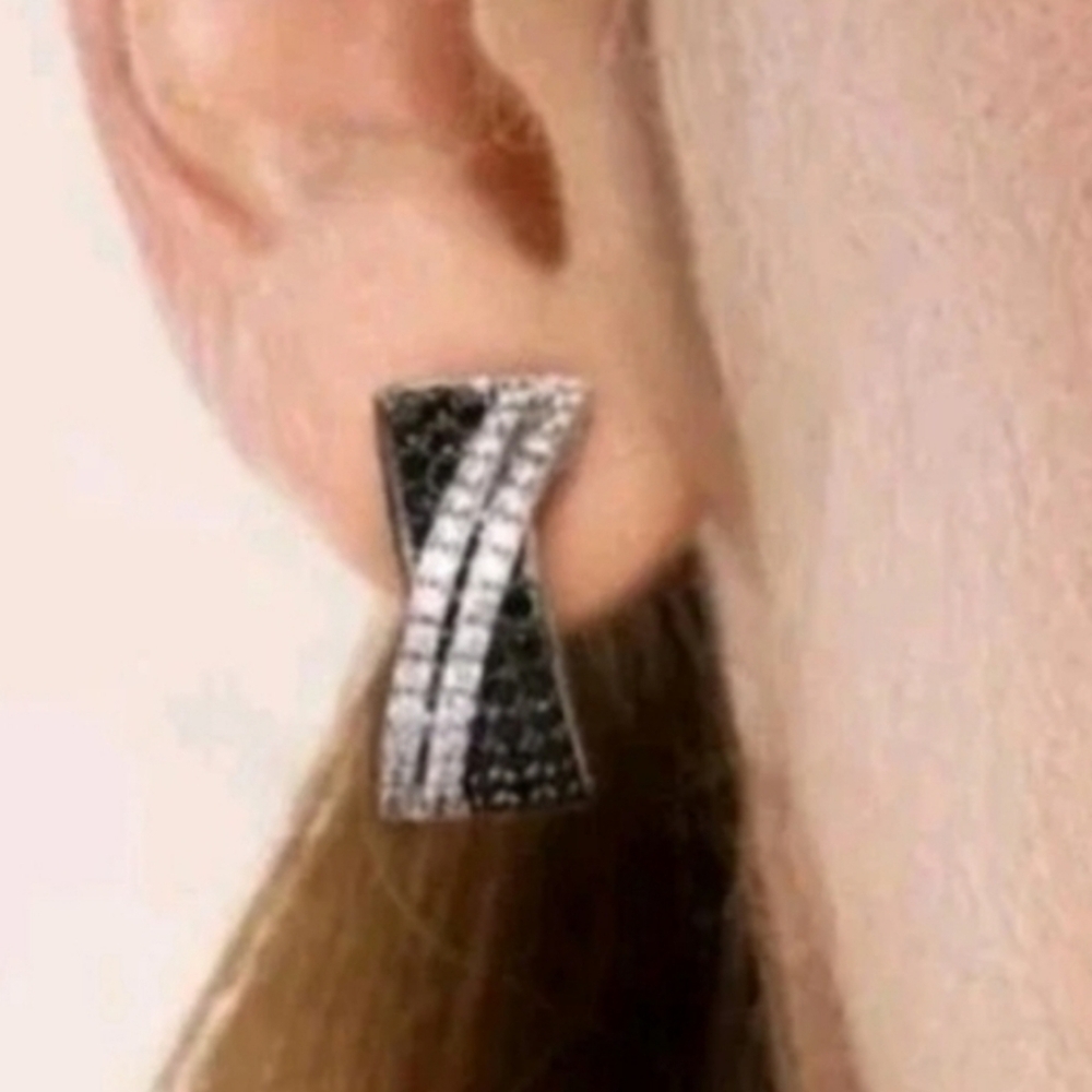 Lab Created Black Diamond Cluster Crossover Hoop Earrings 14k White Gold Plated - Picture 1 of 16